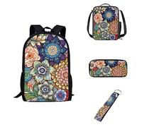 Howilath Mochila de día con diseño de calavera y rosa, color negro, funda para el almuerzo, bolsa para bolígrafos, llavero de coche, para niños y niñas, regalos de vuelta a la escuela, Flor de mandala, Mochila casual