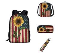 Howilath Mochila de día con diseño de calavera y rosa, color negro, funda para el almuerzo, bolsa para bolígrafos, llavero de coche, para niños y niñas, regalos de vuelta a la escuela, Girasol de la bandera estadounidense, Mochila casual