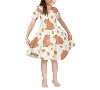 Howilath Vestido con vuelo para niñas y estudiantes, manga corta, vestido casual de verano, vestido de fiesta, vestido con vuelo, teñido anudado, floral, estrella lobo, Capibara de dibujos animados,