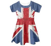 Howilath Vestido con vuelo para niñas y estudiantes, manga corta, vestido casual de verano, vestido de fiesta, vestido con vuelo, teñido anudado, floral, estrella lobo, Estampado de bandera británica,