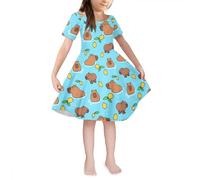 Howilath Vestido con vuelo para niñas y estudiantes, manga corta, vestido casual de verano, vestido de fiesta, vestido con vuelo, teñido anudado, floral, estrella lobo, Capibara Limón, 10 años