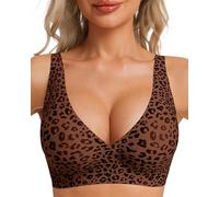 HOWIN Sujetador sin Aros Mujer Push Up Sin Costuras con Relleno, Bralette Cómoda de Escote V Profundo y Reductor, Leopardo Marrón