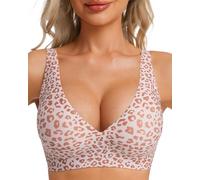 HOWIN Sujetador sin Aros Mujer Push Up Sin Costuras con Relleno, Bralette Cómoda de Escote V Profundo y Reductor, Leopardo Rosa