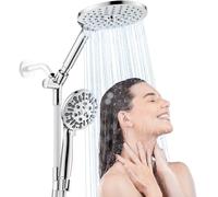 HOWUWEY Cabezal de ducha doble moderno con rociador de mano, cabezal de ducha de lluvia de 7.5 pulgadas, cabezal de ducha de mano de 9 modos, manguera de 78 pulgadas, cromado