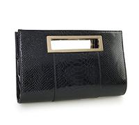 HOXIS Classic Crocodile Pattern Faux Patent Leather Metal Grip Cut it out Clutch with Shoulder Strap Womens Handbag(Black)