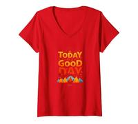 Hoy es un Buen día Inspirador Amanecer en la montaña Camiseta Cuello V, Mujer, Rojo, S