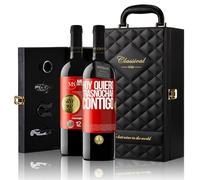 «Hoy quiero trasnochar contigo» Mensaje en una Botella. Estuche-Maletín de LUJO 2x Vino Tinto Premium Reserva 12 Meses y Set de 4 Accesorios. Etiqueta Roja PERSONALIZABLE