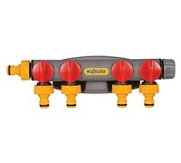 Hozelock - Conector para grifo exterior 4 salidas con racord universal, Gris, Naranja, Rojo