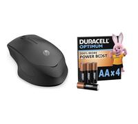 HP 280 - Ratón Inalámbrico Silencioso (2 Botones y Rueda Desplazable, Tecnología LED Azul, USB-A, Batería Dura hasta 18 Meses, Windows), Color Negro + Duracell Optimum Pack de 4 AA