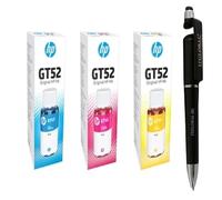 HP GT52 C/M/Y - Juego de 3 botellas de tinta con soporte multifunción 3 en 1 para teléfono móvil, lápiz capacitivo, bolígrafo giratorio con textura antimetal (muy colores)