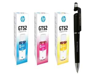 HP GT52 C/M/Y - Juego de 3 botellas de tinta con soporte multifunción 3 en 1 para teléfono móvil, lápiz capacitivo, bolígrafo giratorio con textura antimetal (muy colores)