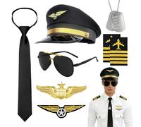 Hpbaggy Accesorios de Disfraz de Piloto,8PCS Disfraz Piloto,con sombrero de capitán pilot,corbata,gafas de sol,Collar,Hombros,insignia,Pilot Captain Costume Kit,para Carnaval,cosplay,fiesta temática