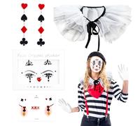 Hpbaggy Clown Tattoo Carnival Skin Sticker Set, Tatuaje Facial Arlequín + collar de payaso + 1 par de pendientes de naipes, para Halloween (color-1)