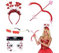 Hpbaggy Juego de 4 disfraz de Amor para mujer, con diadema brillante, gafas de corazón, flecha y arco, tatuajes faciales para San Valentín, carnaval, Halloween
