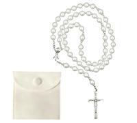 Hpbaggy Rosarios Religiosos Collar con Bolsa de Cordón de Terciopelo Collares Rosario Comunión Collar de Cruz de Perlas para Hombres y Mujeres (Blanco)