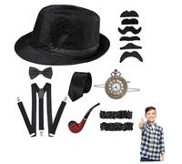 Hperu Disfraz de gángster para niños de los años 20, incluye sombrero Fedora, corbata, lazo, tirantes, reloj de bolsillo para niños, bailes, fiestas, disfraces, sombreros Fedora para