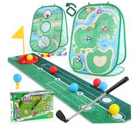 Hperu Juego de Golf 3 en 1 para niños con Palo, tapete y Red de astillado, Juego de Golf para niños pequeños para Jugar en Interiores y Exteriores, cumpleaños