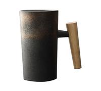 Hperu Taza de café con mango de madera, 220 ml, ergonómica, exquisita, de gres, tazas vintage, taza de cerámica para oficina en casa, para té, bebidas, agua, color dorado