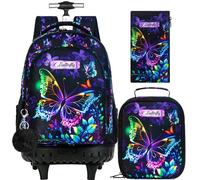 HPJGD 3 mochilas con ruedas de dinosaurio para niños, mochilas escolares con ruedas, resistente al agua, con ruedas, con fiambrera, Juego de ruedas de mariposa negra, Talla única, Juego de mochila con