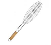 HpLive Asador de pescado, parrilla de pescado, soporte para barbacoa, pinzas para pescado, cesta de acero inoxidable con mango largo de madera, rejilla de doble cara