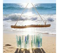 HpLive Carillón de viento hecho a mano de cristal de mar y madera flotante, estilo boho para jardín o balcón, carillón de viento de vidrio marino y madera flotante, vidrio esmerilado a mano y madera