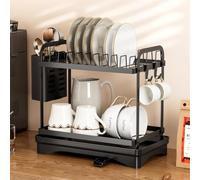 HpLive Escurreplatos doble de acero al carbono con soporte para cubiertos y bandeja de goteo para organización que ahorra espacio