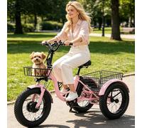 HpLNDas Triciclo EléCtrico De 20'' para Adultos con NeumáTicos Anchos, Pedaleo Asistido, Cesta De Carga Trasera, Pantalla LCD, Bocina Y Faro, Asiento Ajustable Y Carga MáXima: 150 Kg Pink