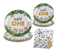 hpnparty Wild One - Juego de vajilla decorativa para fiesta de cumpleaños para 25 invitados, 75 unidades, decoración de cumpleaños, para niños y niñas, 1 año, safari, selva, 1 cumpleaños