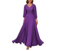 HPPEE Elegante vestido de gasa para madre de la novia con chaquetas y apliques de encaje y cuello en V, vestido de noche formal, Morado (, 56 Grande