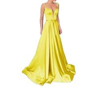 HPPEE Vestido de baile de graduación con cuello en V para mujer, sin mangas, tirantes delgados, vestido formal de satén, vestido largo de baile, amarillo, 56 Grande