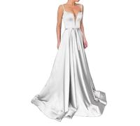 HPPEE Vestido de baile de graduación con cuello en V para mujer, sin mangas, tirantes delgados, vestido formal de satén, vestido largo de baile, blanco, 48 Grande