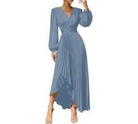 HPPEE Vestido de dama de honor de gasa con cuello en V para mujer, plisado, manga larga, vestido formal de noche, vestido de invitada de boda, Dusty Azul, 48 Grande