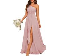 HPPEE Vestido de dama de honor de gasa de un hombro con plisado largo una línea de vestido de graduación para mujer WYX476, Rosa Polvoriento, 40