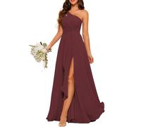 HPPEE Vestido de dama de honor de gasa de un hombro con plisado largo una línea de vestido de graduación para mujer WYX476, granate, 42