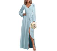 HPPEE Vestido de dama de honor de manga larga con cuello en V para mujer, con abertura, de gasa fruncida, longitud hasta el suelo, vestido formal, azul claro, 58 Grande