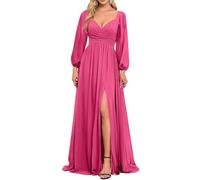 HPPEE Vestido de dama de honor de manga larga para mujer, con abertura, plisado, cuello en V, vestido formal de gasa, hot pink, 60 Grande