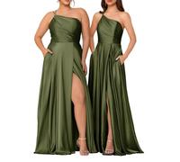 HPPEE Vestido de dama de honor de un hombro para mujer, con bolsillos y abertura, sin mangas, de satén, vestido de graduación, verde oliva, 38