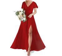 HPPEE Vestido de dama de honor para mujer, doble cuello en V, manga corta, formal, vestido de fiesta de noche con abertura, rosso, 52