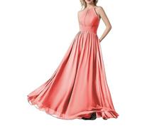 HPPEE Vestido de dama de honor para mujer, plisado, sin mangas, de chifón, largo, formal, vestido de noche, coral, 34