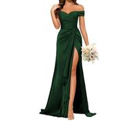 HPPEE Vestido de fiesta de satén con hombros descubiertos para mujer, con abertura, plisado, vestido formal de sirena, vestido de fiesta de noche, Verde esmeralda., 38