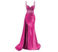 HPPEE Vestido de fiesta de satén con tirantes delgados para mujer, con abertura y apliques de encaje, vestido de fiesta formal, fucsia, 36