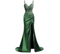 HPPEE Vestido de fiesta de satén con tirantes delgados para mujer, con abertura y apliques de encaje, cuello en V, vestido de fiesta formal de sirena, Verde esmeralda., 36