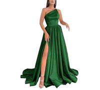 HPPEE Vestido de fiesta de satén con un hombro descubierto para mujer, con abertura, sin mangas, largo, corsé, vestido de fiesta formal, Verde esmeralda., 34