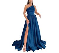 HPPEE Vestido de fiesta de satén con un hombro descubierto para mujer, con abertura, sin mangas, largo, corsé, vestido de fiesta formal, Teal, 54 Grande