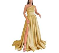 HPPEE Vestido de fiesta de satén con un hombro descubierto para mujer, con abertura, sin mangas, largo, corsé, vestido de fiesta formal, dorado, 58 Grande