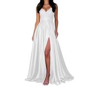 HPPEE Vestido de fiesta de satén para mujer, con apliques de encaje y abertura, vestido de baile, vestido de baile, largo hasta el suelo, vestido formal de noche, blanco, 54 Grande