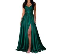 HPPEE Vestido de fiesta de satén para mujer, con apliques de encaje y abertura, vestido de baile, vestido de baile, largo hasta el suelo, vestido formal de noche, -, 44