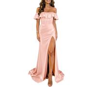 HPPEE Vestido de fiesta de satén sin tirantes para mujer, con abertura, sin mangas, vestido de baile de sirena, vestido formal de noche, Blush Pink, 38