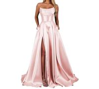HPPEE Vestido de fiesta de satén sin tirantes para mujer, con bolsillos plisados, acampanado, vestido de noche formal, Blush Pink, 34
