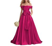 HPPEE Vestido de fiesta de satén sin tirantes para mujer, con hombros descubiertos, vestido de fiesta formal, vestido de baile acampanado, fucsia, 42